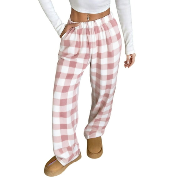 Inglocry Plaid Pajama Pants for Women Soft Drawstring High Waisted Flannel Pj Pants Casual Comfy Lounge Sleep Bottoms Pink XL