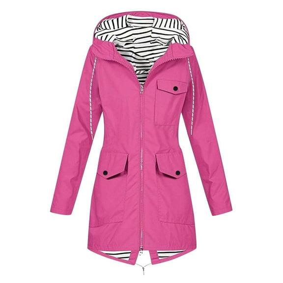 Inglocry Rain Jacket Women Waterproof Mid-Length Womens Raincoat Outdoor Raincoats with Pockets Jacket with Hood Hot Pink M