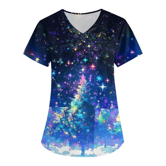 Inglocry Scrubs for Women,Christmas Scrub Tops Funny Print V Neck Short Sleeve Shirt Xmas Stretch Nursing Uniform with Pockets Navy L