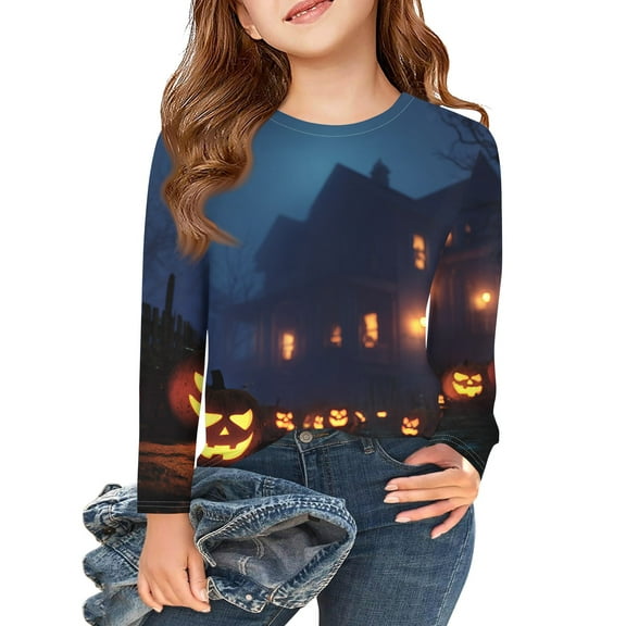 Inglocry Shirts Boys Girls Halloween Raglan Long Sleeve Round Neck Kids Pumpkin Skeleton Glow in The Dark Tops 5-14 Years Dark Blue 8-9Years