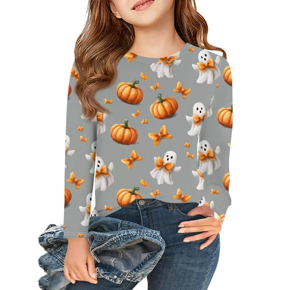 Inglocry Shirts Boys Girls Halloween Raglan Long Sleeve Round Neck Kids Pumpkin Skeleton Glow in The Dark Tops 5-14 Years Gray 6-7Years