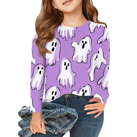 Inglocry Shirts Boys Girls Halloween Raglan Long Sleeve Round Neck Kids Pumpkin Skeleton Glow in The Dark Tops 5-14 Years Light Purple 3-4Years