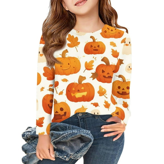 Inglocry Shirts Boys Girls Halloween Raglan Long Sleeve Round Neck Kids Pumpkin Skeleton Glow in The Dark Tops 5-14 Years Orange 5-6Years