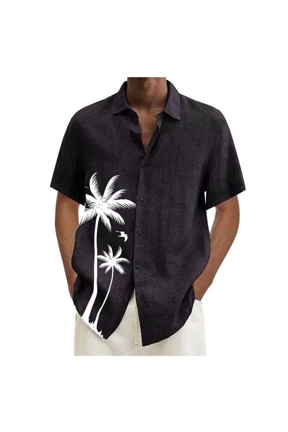 Short Sleeve Shirts for Men Hawaiian Button Down Casual Summer Western Shirts Beach Solid Tshirts Collared Neck Tops Black 2XL