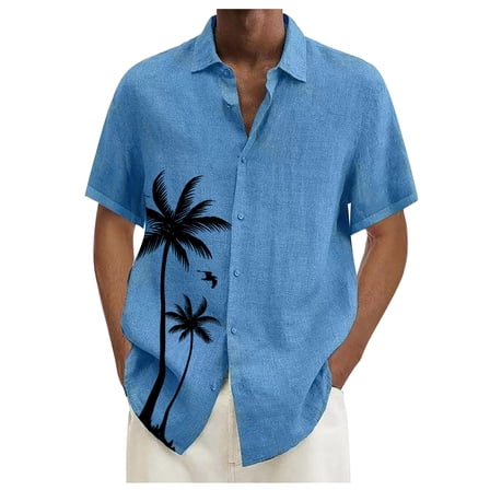 Inglocry Short Sleeve Shirts for Men Hawaiian Button Down Casual Summer Western Shirts Beach Solid Tshirts Collared Neck Tops Blue XL