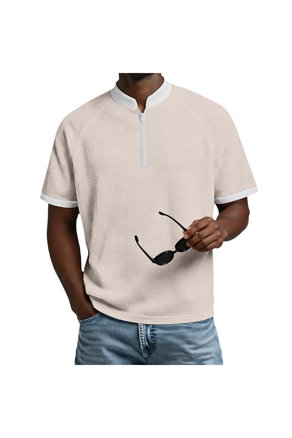 Short Sleeve Waffle Polo Shirts for Men Quarter Zip Lightweight Collared Stretchy Pullover Casual Slim Fit Stand Colla Shirt Textured Knit Tops 2026 Beige S