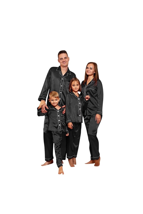 Silk Satin Christmas Pajamas for Family Striped Button Down Shirt and Pants Xmas Pjs Matching Sets Sleepwear Jammies Men Black 2XL