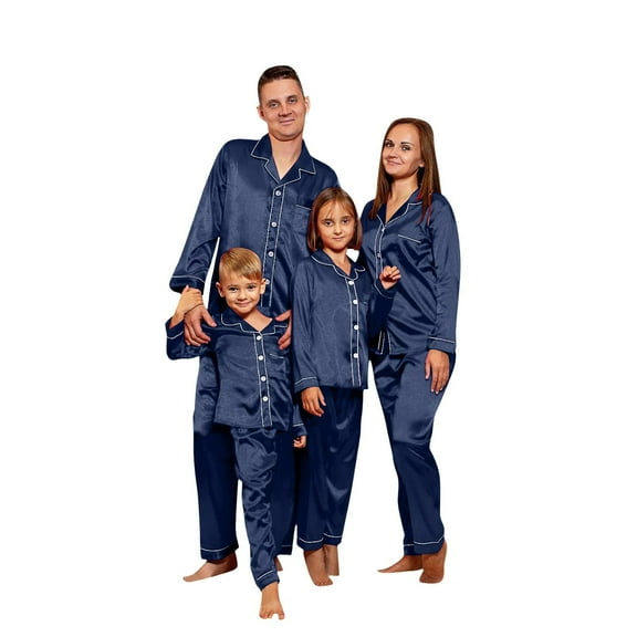 Inglocry Silk Satin Christmas Pajamas for Family Striped Button Down Shirt and Pants Xmas Pjs Matching Sets Sleepwear Jammies Navy Blue 18 Months