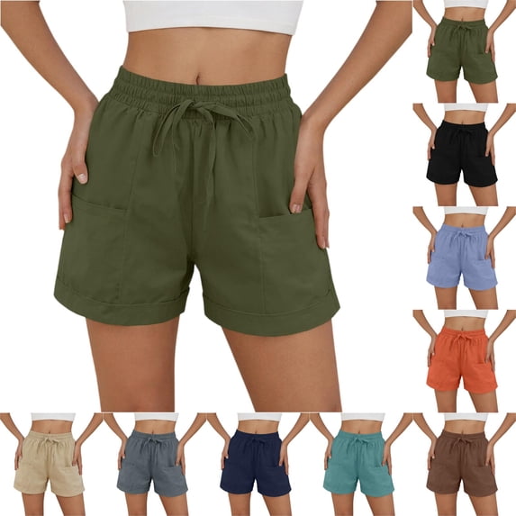 Inglocry Summer Shorts for Womens 2026 Casual Trendy Vacation Beach Cotton Linen Elastic Waist Drawstring Shorts with Pockets Sky Blue S