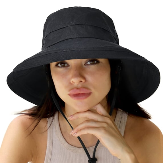 Inglocry Sun Hats for Women Gardening Hat Wide Brim Ponytail Beach Sun Protection Breathable Cotton Summer Hat with Fold-Up Brim 2026 Black One Size