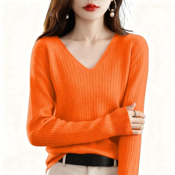 Inglocry Sweaters for Women Fashion 2026 Cable Knit Fall Clothes V Neck Business Casual Teacher Tops Saffron L