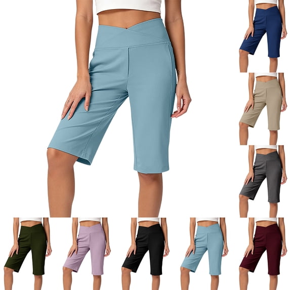 Inglocry Tummy Control Stretch Capris for Women with Pockets Wide Leg Cotton Pull On Capri Pants Petite Length Dressy Casual 2026 Dark Gray XL