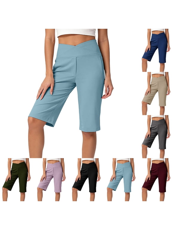 Tummy Control Stretch Capris for Women with Pockets Wide Leg Cotton Pull On Capri Pants Petite Length Dressy Casual 2026 Khaki M