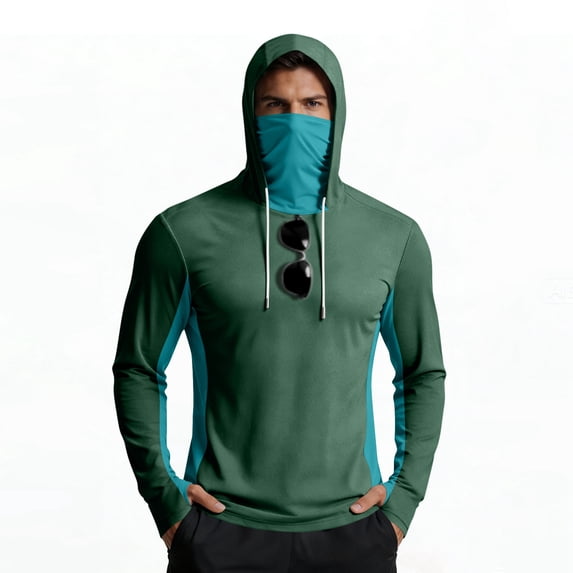 Inglocry UPF 50 Long Sleeve Men Fishing Hoodie with Face Mask Sun Protection Shirt Lightweight Quick Dry UV Rash Guard Shirts Dark Green S