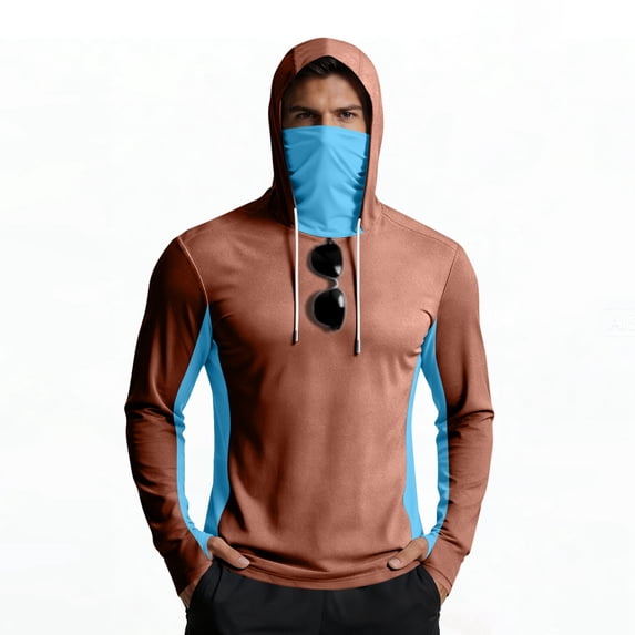 Inglocry UPF 50 Long Sleeve Men Fishing Hoodie with Face Mask Sun Protection Shirt Lightweight Quick Dry UV Rash Guard Shirts Light Brown M