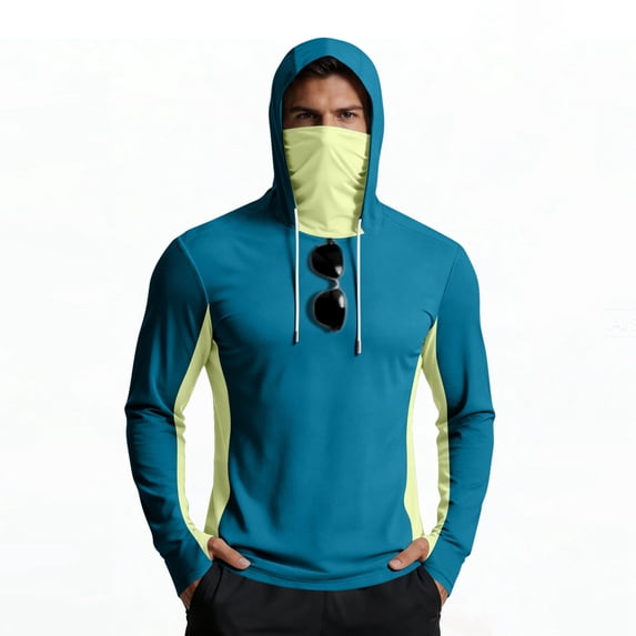 Inglocry UPF 50 Long Sleeve Men Fishing Hoodie with Face Mask Sun Protection Shirt Lightweight Quick Dry UV Rash Guard Shirts Turquoise XL