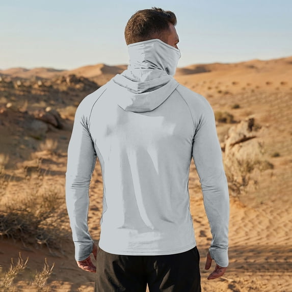 Inglocry UPF 50+ Sun Protection Hoodie Men with Mask Quick Dry Long Sleeve Fishing Hiking Shirts UV Rash Guard Lightweight Light Gray 2XL