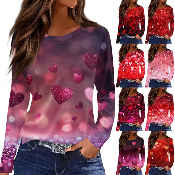 Inglocry Valentine Shirts for Women 2026 Long Sleeve Crewneck Holiday Heart Print Tops Tunic Loose Fit Blouses Dark Purple XL