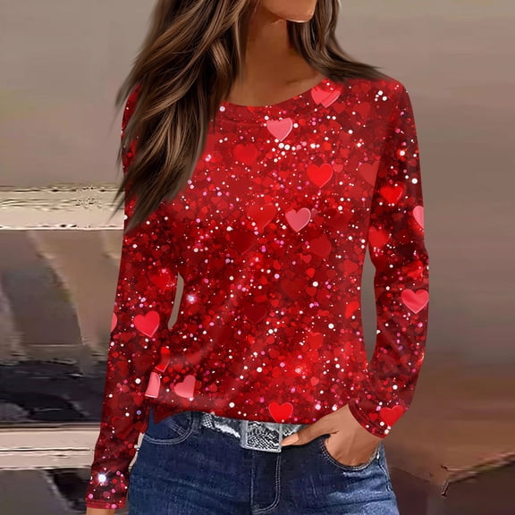 Inglocry Valentine Shirts for Women Trendy Cute Heart Printed T Shirt Long Sleeve Valentines Gift Crew Neck Shirt Casual Tee Tops Light Purple S