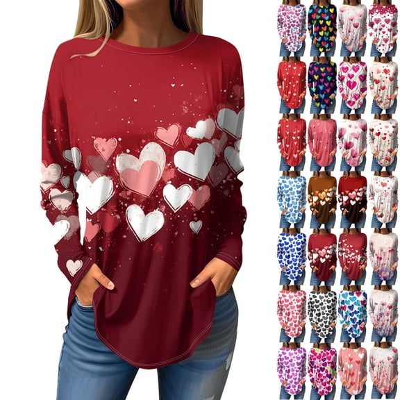 Inglocry Valentine's Day Women's Funny Heart Print Shirt Fashion Casual Long Sleeve Shirts 2026 Crew Neck Pullover Top Black#1 2XL