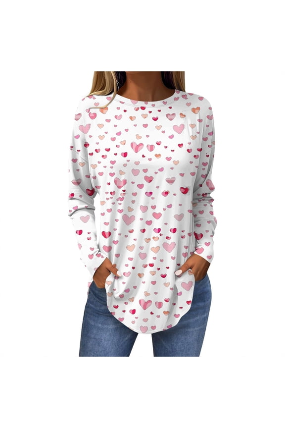 Valentines Shirts For Women Long Sleeve Shirt Valentine Day Crewneck Cute Tops Fashion 2026 Love Heart Printed Graphic Tees Pink 3XL