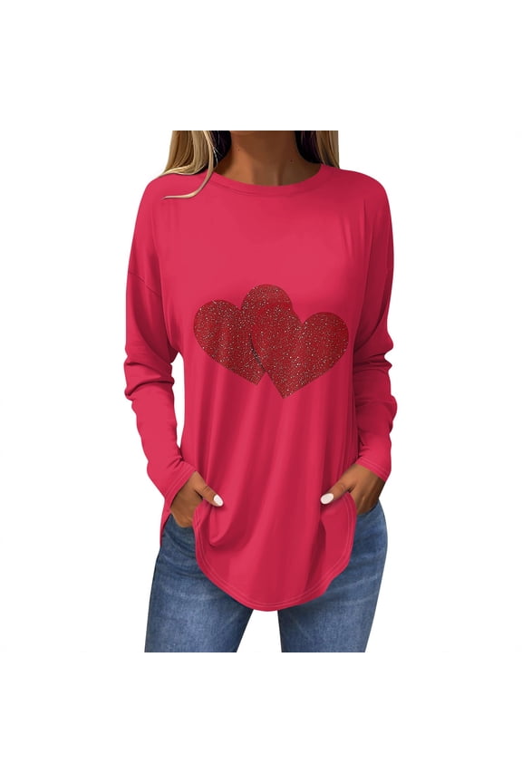 Valentines Shirts For Women Long Sleeve Shirt Valentine Day Crewneck Cute Tops Fashion 2026 Love Heart Printed Graphic Tees Vermilion L