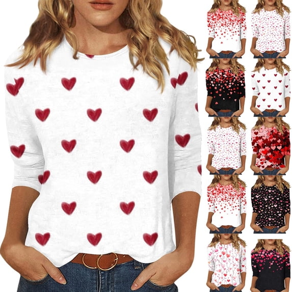 Inglocry Valentines Shirts for Women 3/4 Sleeve T Shirts Trendy 2026 Cute Love Heart Print Tunic Tops Crewneck Plus Size Casual Blouses Watermelon Red M