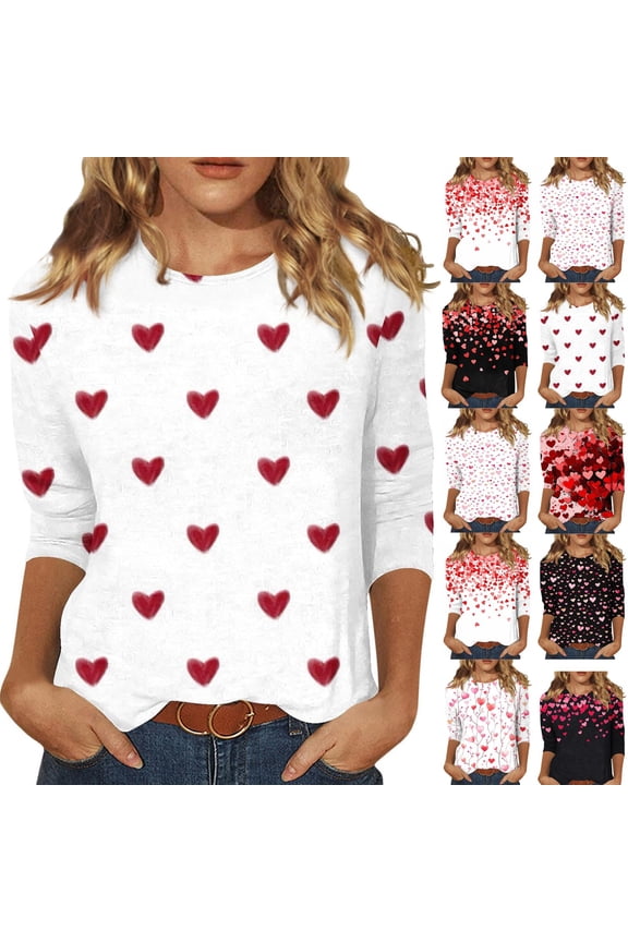 Valentines Shirts for Women 3/4 Sleeve T Shirts Trendy 2026 Cute Love Heart Print Tunic Tops Crewneck Plus Size Casual Blouses White M