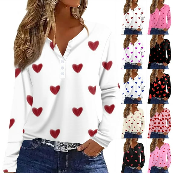 Inglocry Valentines Shirts for Women Long Sleeve Shirts Trendy 2026 V Neck Cute Love Heart Print Tunic Tops Plus Size Casual Blouses Light pink M
