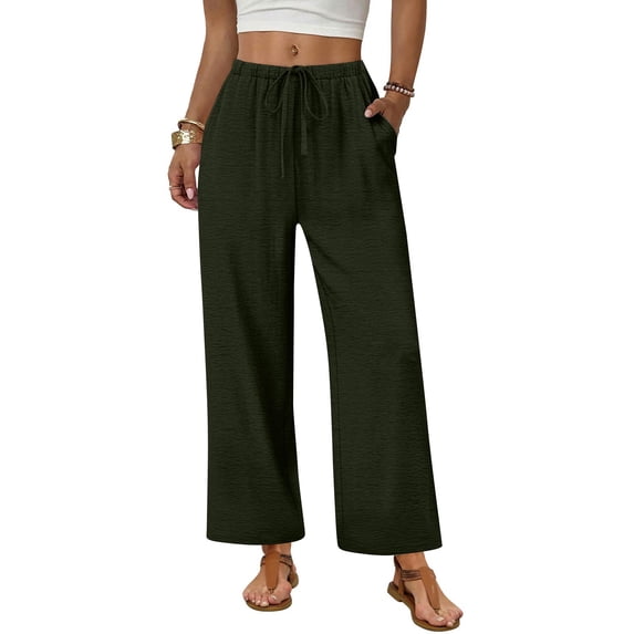 Inglocry Wide Leg Pants Woman Palazzo Drawstring Elastic Waist Trousers with Pockets Casual Lounge Army Green S