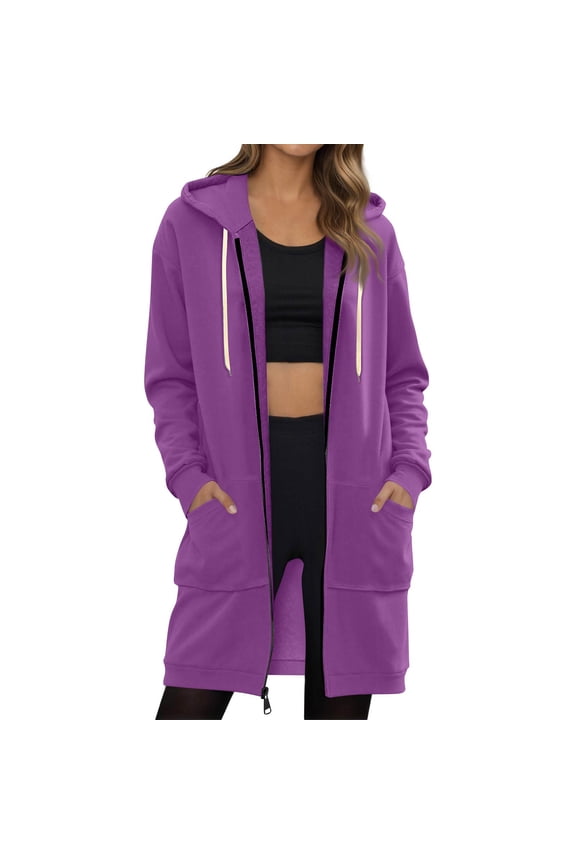 Women Casual Zip up Polyester Hoodies, Fashion Long Hoodies Sweatshirts, Oversized Casual Fall Winter Hoodie Jackets Dark Purple L