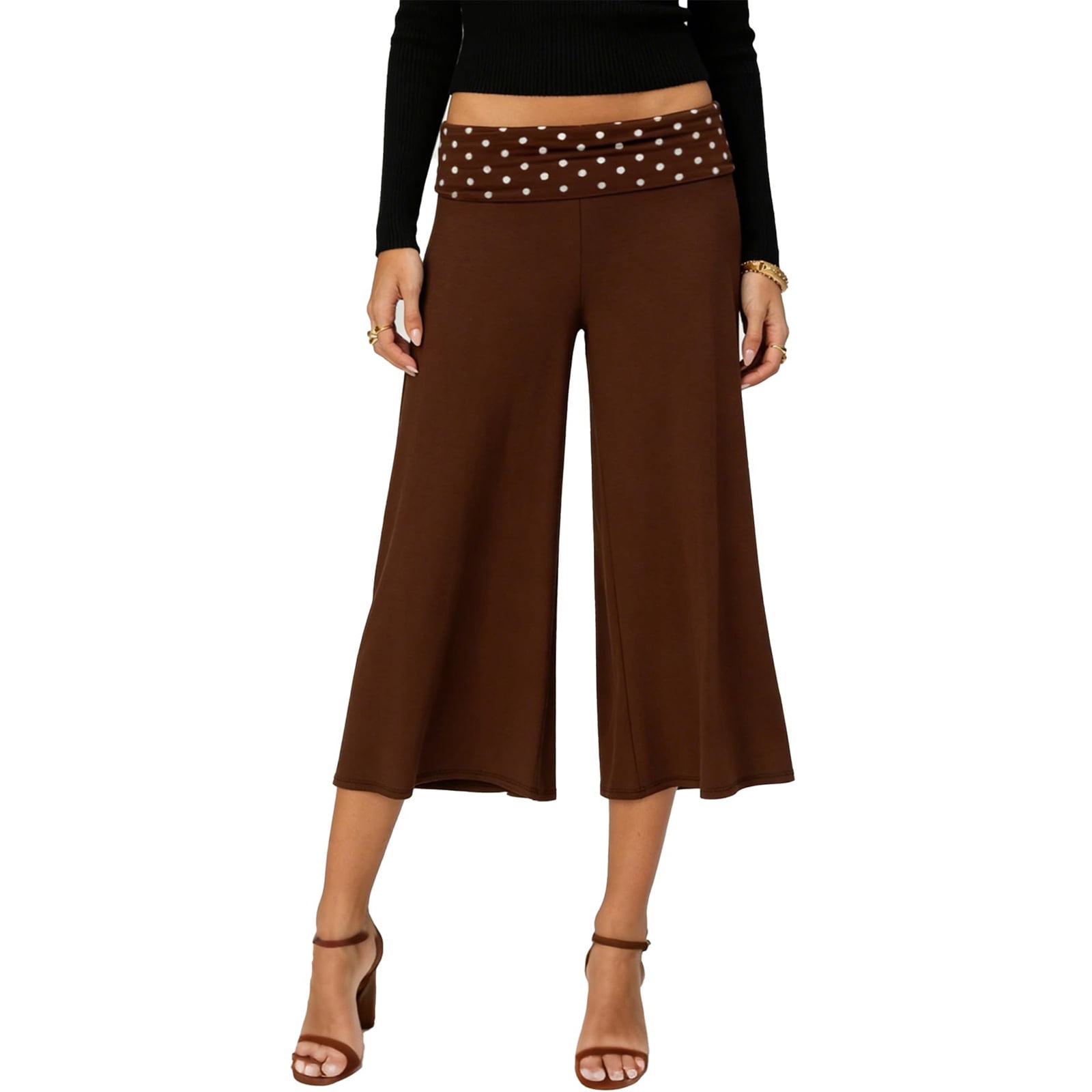 Inglocry Women Fold Over Gaucho Pants Wide Leg Low Rise Flowy Capri Pants Yoga Lounge Cropped Flare Bottoms Culottes Summer 2026 Brown S