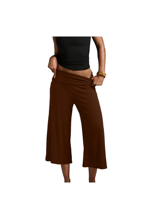 Women Fold Over Gaucho Pants Wide Leg Low Rise Flowy Capri Pants Yoga Lounge Cropped Flare Bottoms Culottes Summer Coffee S