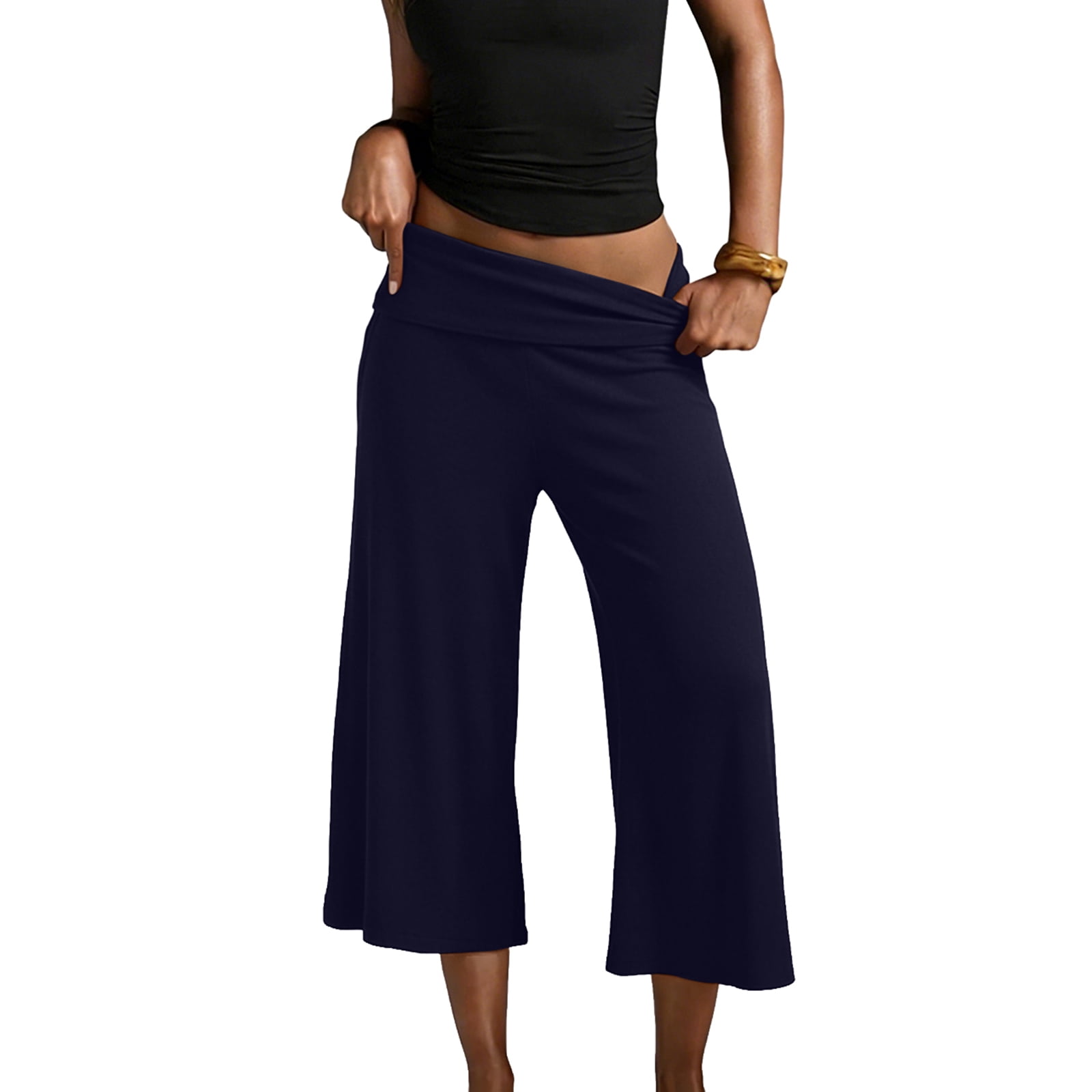 Inglocry Women Fold Over Gaucho Pants Wide Leg Low Rise Flowy Capri Pants Yoga Lounge Cropped Flare Bottoms Culottes Summer Navy S