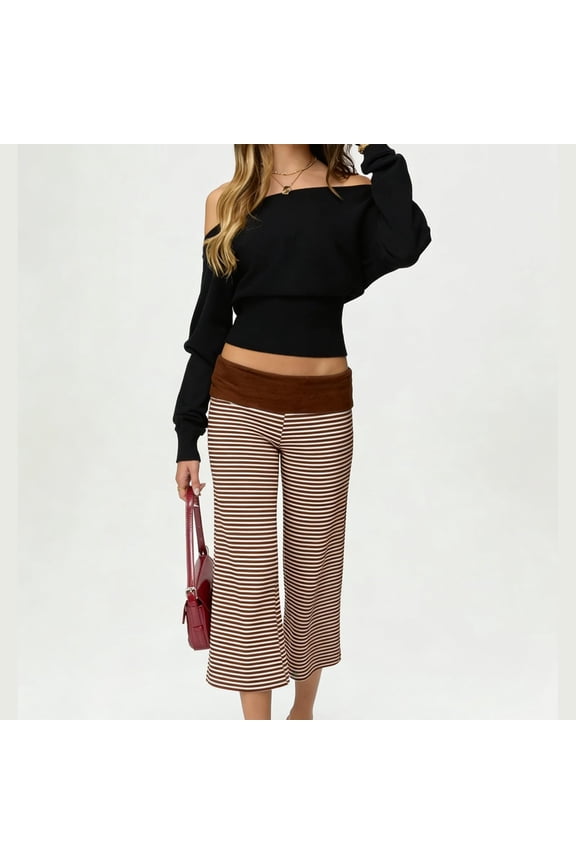 Women Fold Over Lounge Capris Low Rise Wide Leg Cropped Flowy Flared Gaucho Pants Comfy Casual Yoga Coluttes Bottom Brown S