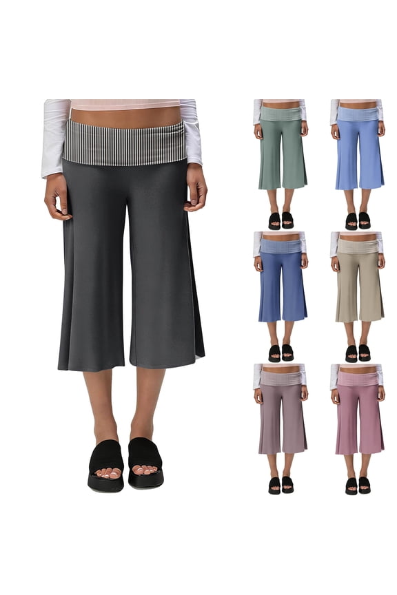 Women Gauchos Pants Fold Over Low Rise Cropped Capris Pants Foldover Wide Leg Flared Yoga Culotte Bottoms Black L