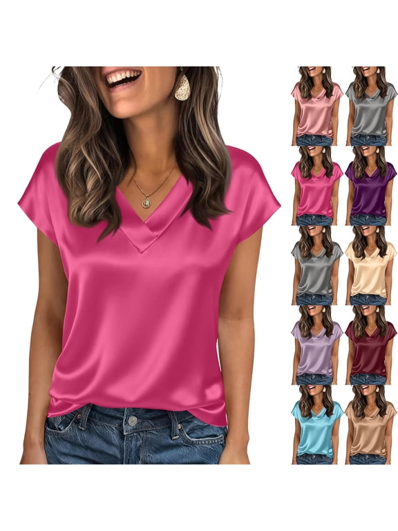 Women Silk Satin Tops Cap Short Sleeve Blouse V Neck Shirts Business Casual Tops Beige -AB03 Fashion top