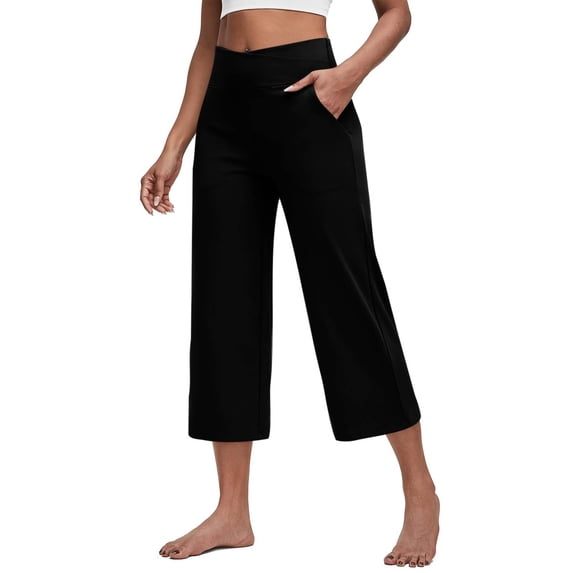 Inglocry Women's Capri Pants Wide Leg with Pockets Yoga Capris Legging Dress Capris High Waist Cropped Pants Loose Lounge Travel Summer Black S