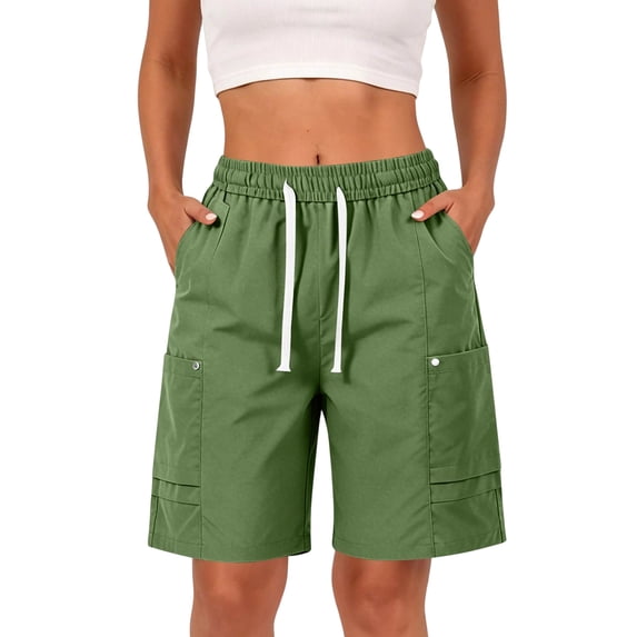 Inglocry Women's Cargo Shorts Summer High Waisted Bermuda Shorts Casual Trendy Hiking shorts Elastic Waist Pant with Pockets 2026 Army Green L
