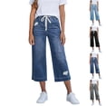 thumbnail image 1 of Inglocry Women's Drawstring Capri Jeans Straight Wide Leg Elastic Waist Capris Casual Summer Y2K Cropped Stretchy Pull on Denim Pants Gray 2XL, 1 of 8
