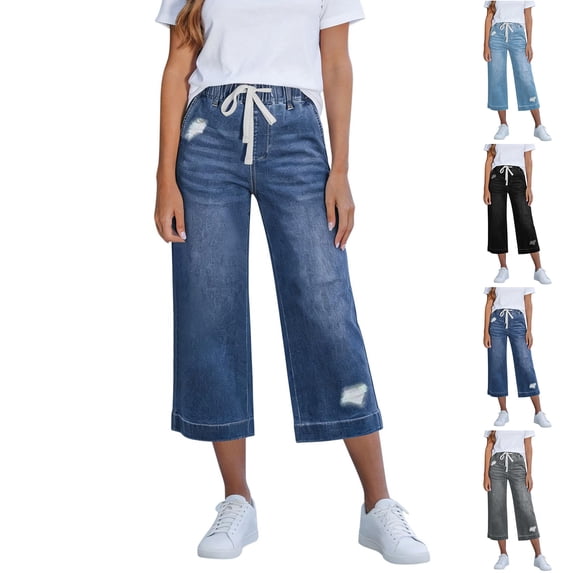 Inglocry Women's Drawstring Capri Jeans Straight Wide Leg Elastic Waist Capris Casual Summer Y2K Cropped Stretchy Pull on Denim Pants Gray 2XL