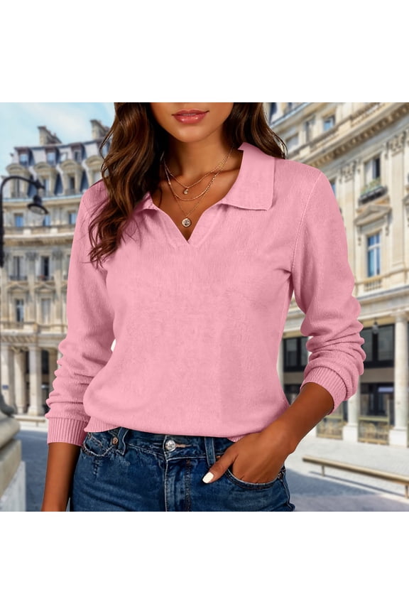 Women's Knitted Collared Sweaters Long Sleeve V-Neck Polo Shirts Winter Casual Fashion Solid Color Pullover Tops Pink S