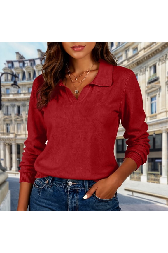 Women's Knitted Collared Sweaters Long Sleeve V-Neck Polo Shirts Winter Casual Fashion Solid Color Pullover Tops Wine S