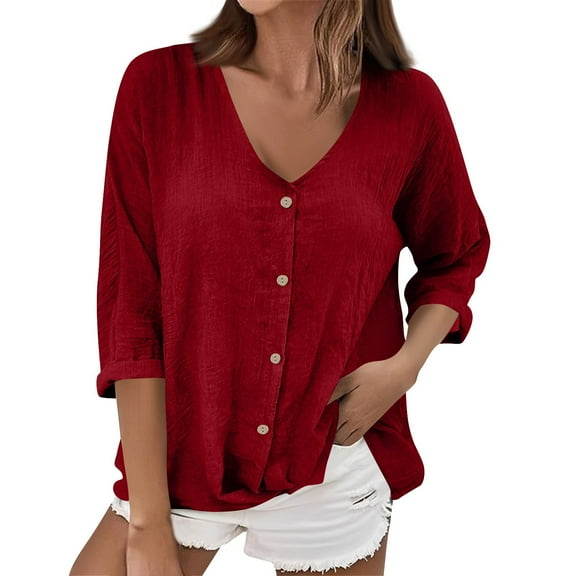 Inglocry Women's Linen Button Down T Shirts 3/4 Sleeve V Neck Tops Casual Summer Ladies Tees Roll Up Cotton Linen Shirt Wine M