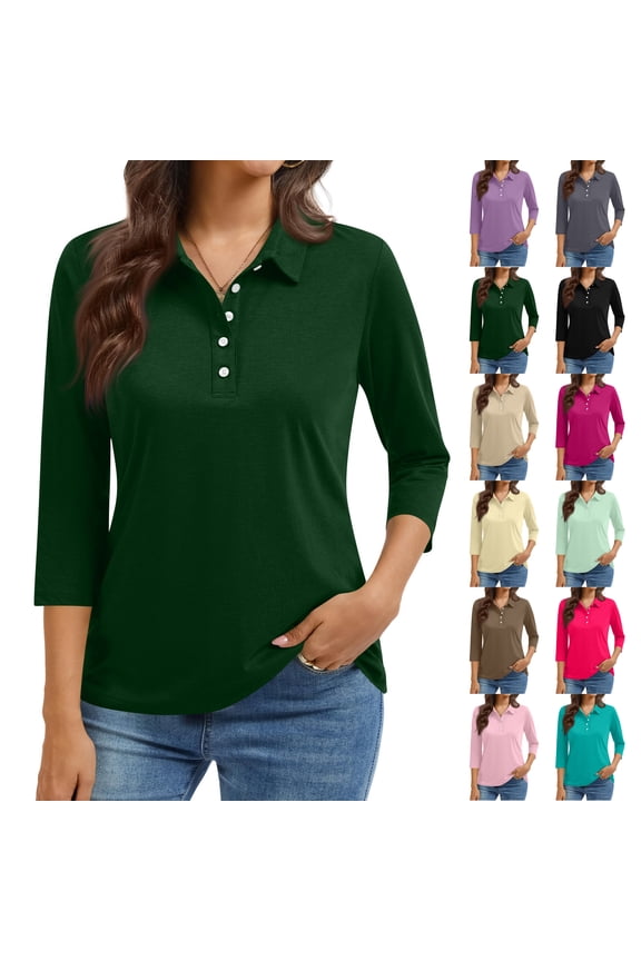 Women's Polo Shirt 3/4 Sleeve Tops Collared Button Down Solid Color 2026 Summer Tee Casual Work T Shirt Khaki XL