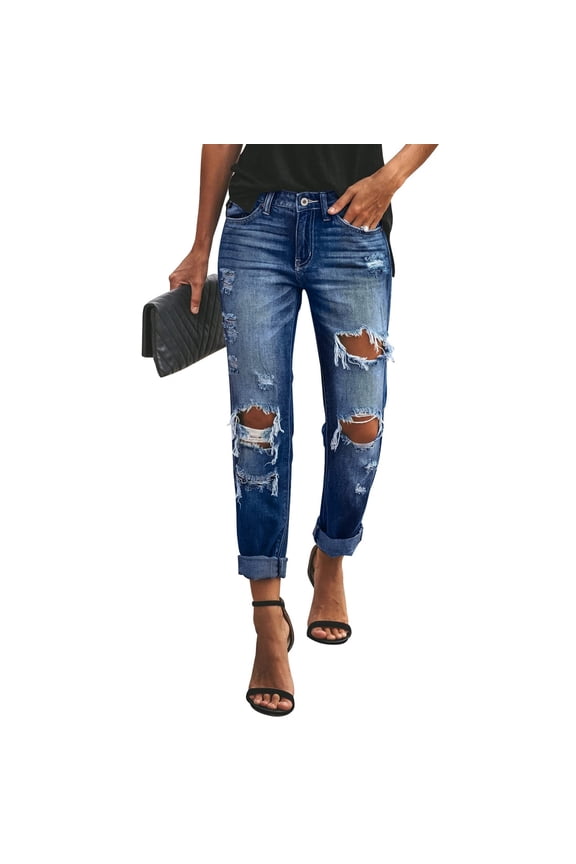 Women's Ripped Mid Waisted Boyfriend Jeans Loose Fit Distressed Stretchy Denim Pants Dark Blue 2XL
