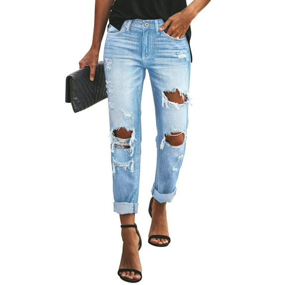 Inglocry Women's Ripped Mid Waisted Boyfriend Jeans Loose Fit Distressed Stretchy Denim Pants Light Blue 2XL