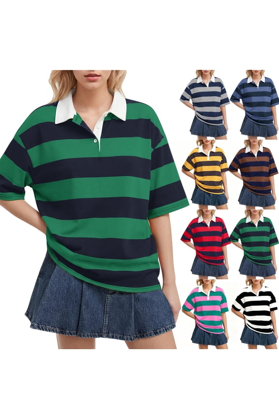 Women's Rugby Shirt Striped polo shirt T-Shirts Oversized Short Sleeve Lapel V Neck Tee Summer Pullover Tops Green XL