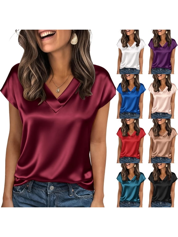 Women's Silk Satin Blouses Dressy Casual Short Sleeve V Neck Satin Tops Business Casual Work Shirts 2026 Black L
