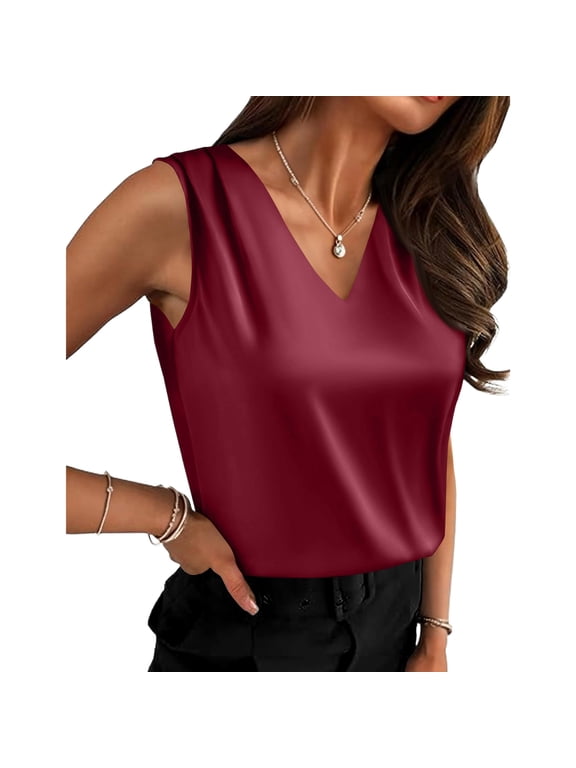 Women's Silk Satin Camisole Tank Tops V Neck Pleated Dressy Casual Sleeveless Blouses Summer Business Work Shirts 2026 Wine S
